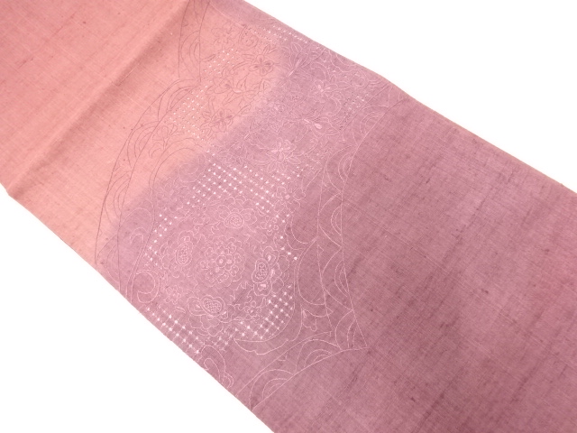 リサイクル　手織り真綿紬絞り汕頭蘇州刺繍花唐草模様袋帯